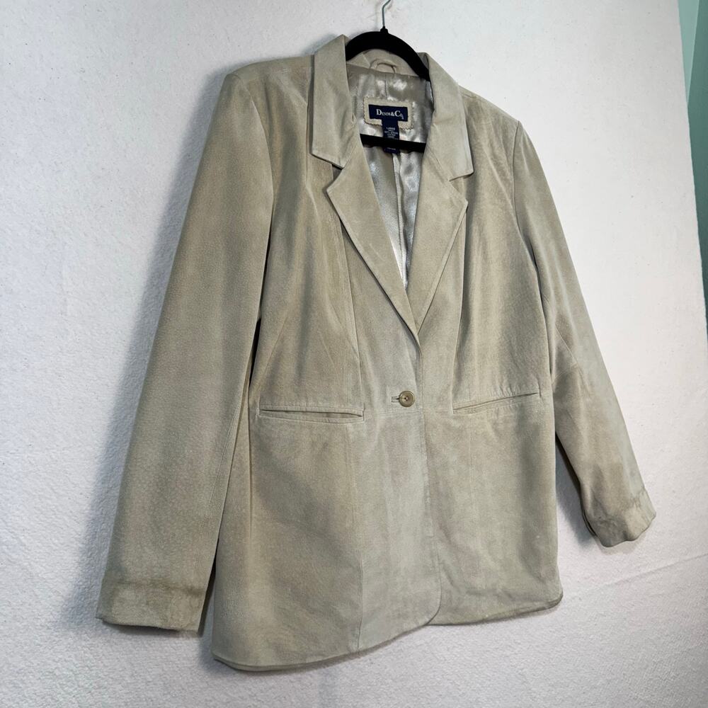 Denim & Co Light Tan Leather Suede Blazer Jacket Size Large 90's VTG Satin Lined - Picture 4 of 7